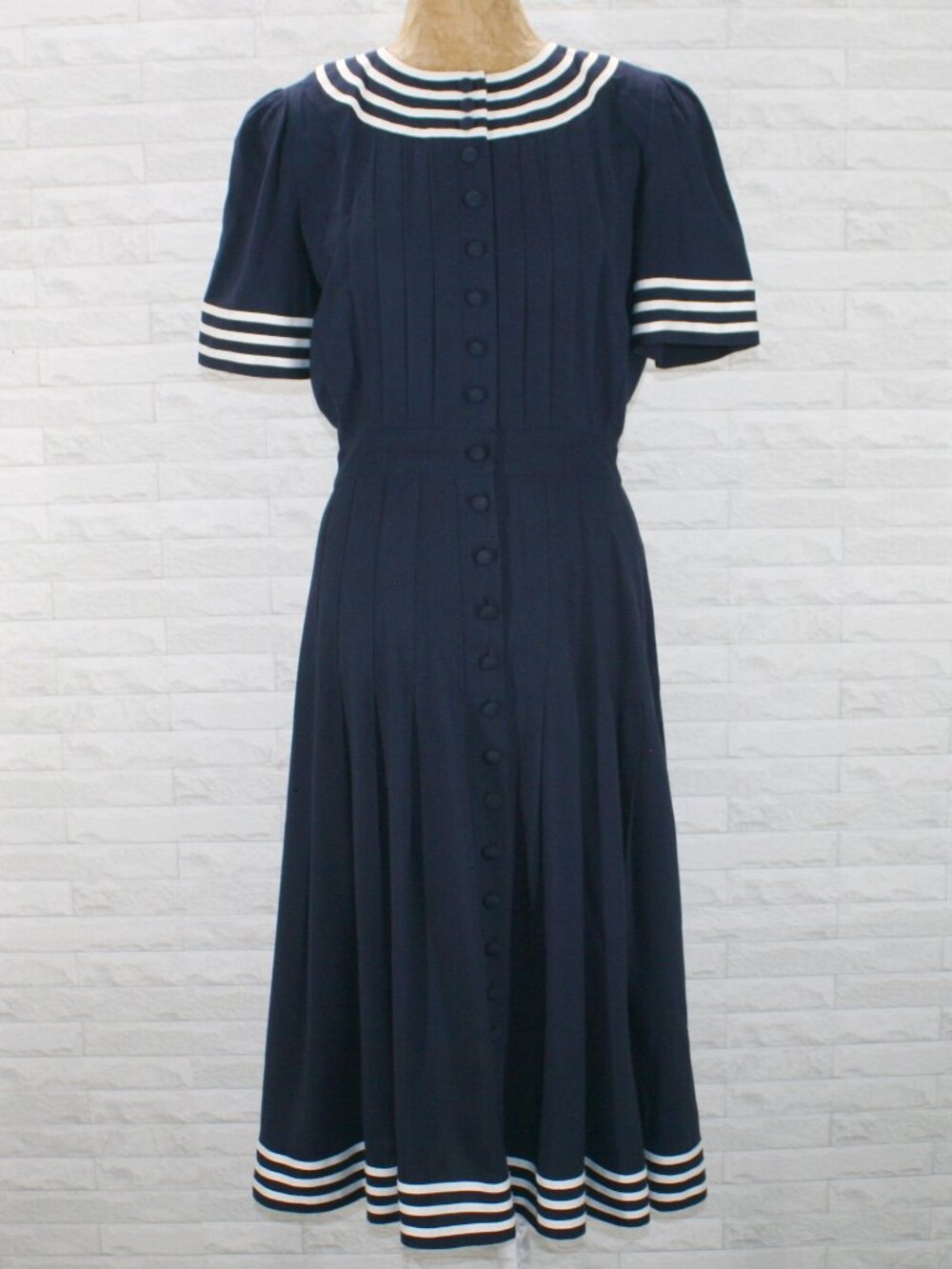 VINTAGE PLAZA SOUTH Dress Sailor Nautical Classic Preppy Navy Blue White Stipe M